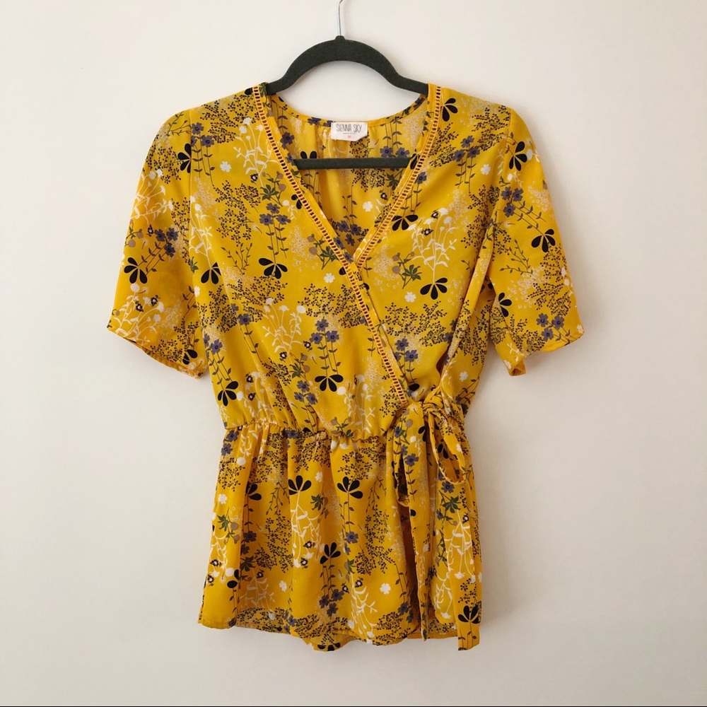 NWOT Sienna Sky Yellow Floral Wrap Shirt M